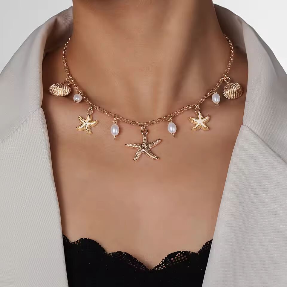 Handmade Imitation Pearl Shell Starfish Link Chain Necklace for Women Bohemian Starfish Conch Pendant Necklace Holiday Jewelry