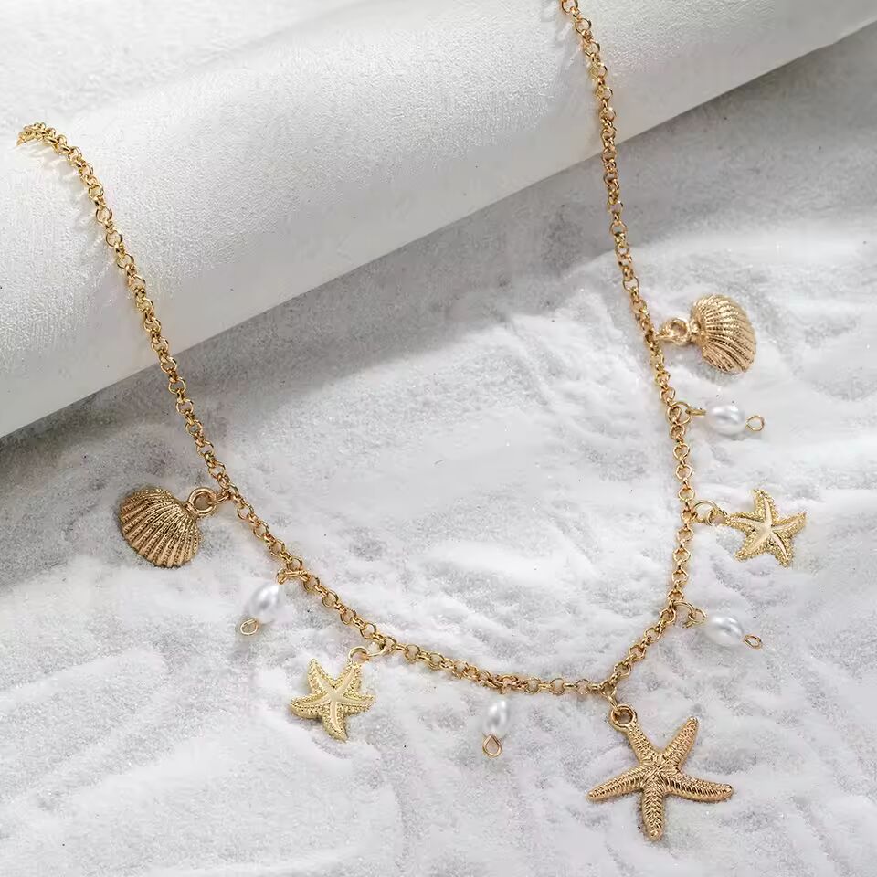 Handmade Imitation Pearl Shell Starfish Link Chain Necklace for Women Bohemian Starfish Conch Pendant Necklace Holiday Jewelry