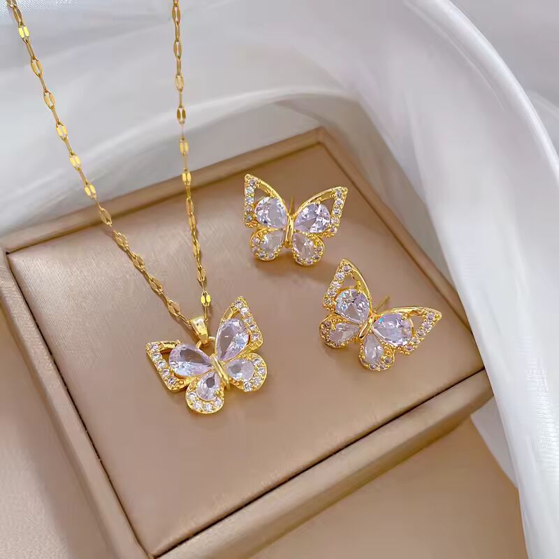 Stainless Steel Jewelry Set Of Earrings Pendant Necklace For Women Chic Fashion Rhinestone White Clear Butterfly Jewelry Set