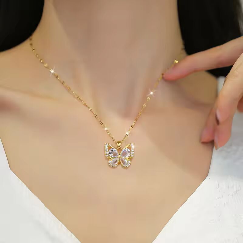 Stainless Steel Jewelry Set Of Earrings Pendant Necklace For Women Chic Fashion Rhinestone White Clear Butterfly Jewelry Set